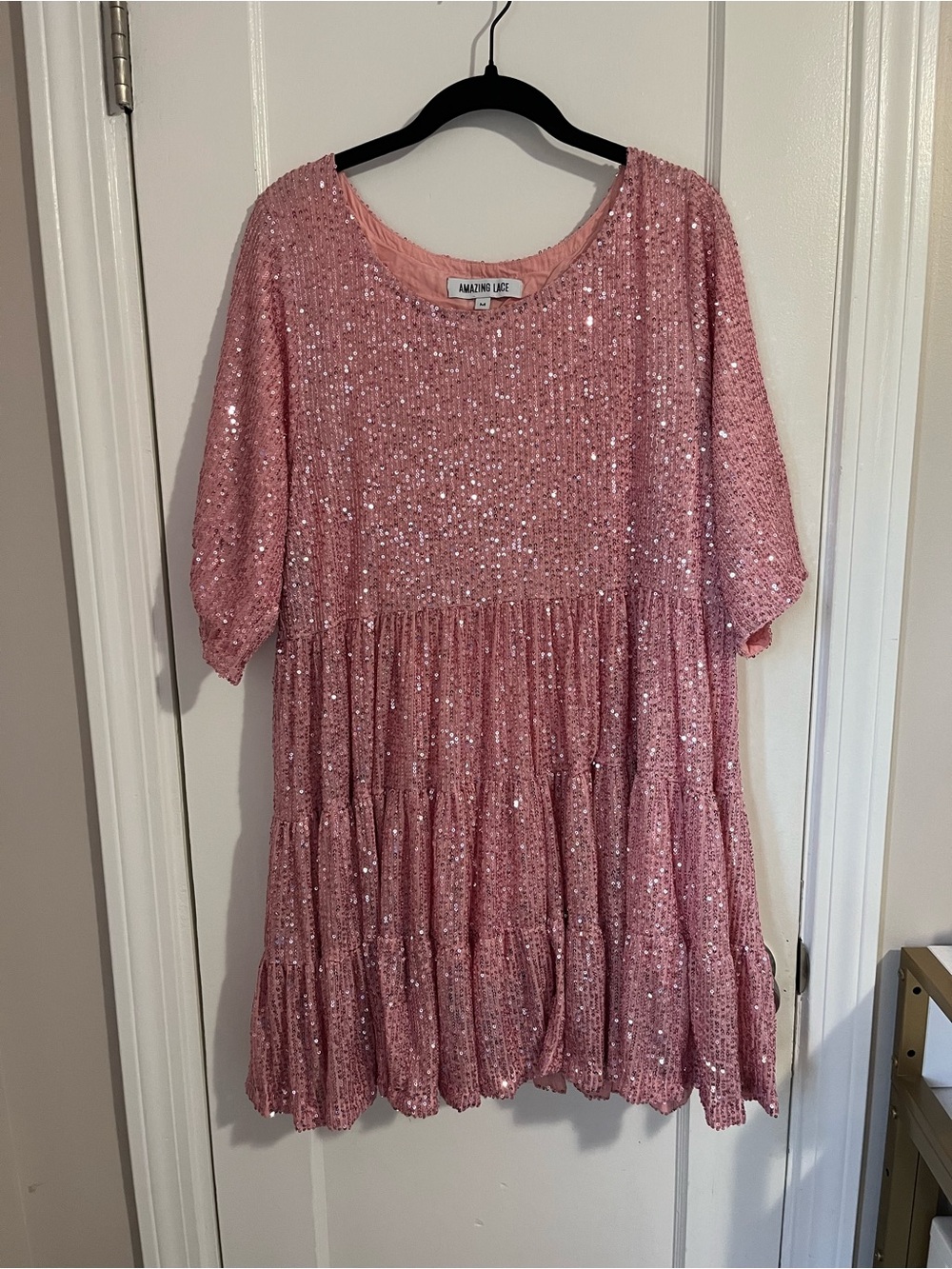 Amazing Lace Pink Sequin Tiered Casual Dress
